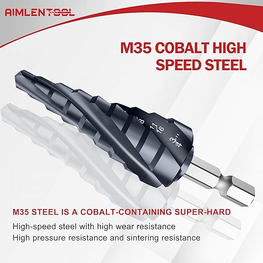 M35 Four Spiral Flute Cobalt Step Drill Bit, 3/16"-7/8" Wear-Resistant TiAlN Coated Four-Flute Step Bit, 1/4" Hex Shank Unibit Step Bit for Metal, Stainless Steel, Aluminum, Wood, Plastic