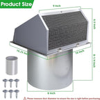 8 Inch Hooded Wall Vent with Screen and Damper, Wall Exhaust Vent Cover Cap for Exterior Ventilation and Outdoor Air Exhaust Kitchen Range Hood Dryer HVAC Duct, Galvanized Steel, Gray