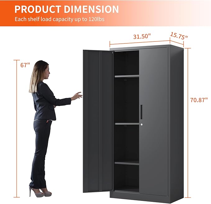 Metal Storage Cabinet with Adjustable Shelves, Garage Tool Cabinet with 2 Lockable Doors for Office, Home, Garage, Require Assembly, Black