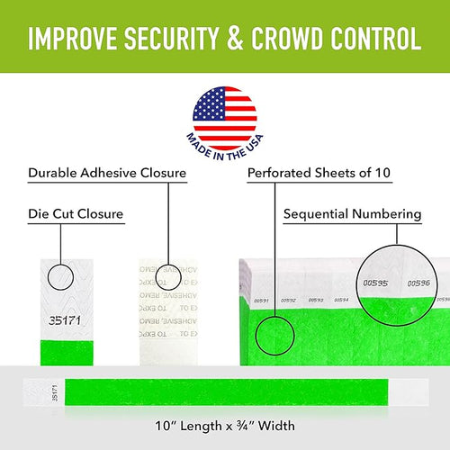 1,200 WristCo Neon Green Tyvek Wristbands for Events - Tamper-Proof Design & Fluorescent Color Prevent Reuse Premium-Grade Bracelets for Hospital & Medical ID, Party & VIP Identification