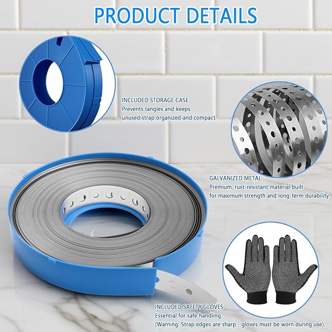 Metal Pipe Strap, 3/4 inch, 100 FT, Galvanized Hanger Strapping with Holes for Pipe Support, Flexible Trimming | Includes Storage Case & Gloves, Storage Case (100 FT 2Pack)