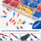 Tnisesm 300Pcs Spade Connector,Crimp Connectors 2.8mm 4.8mm 6.3mm Male and Female Spade Connector kit, 16 Types Crimp Terminals Electrical Connectors Includes Spade Ring Fork Wire Connectors