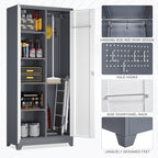 72.8" H Utility Closet Cabinet, Broom Closet Storage Cabinet with Locking Doors, Garage Tool Cabinets with Hanging Rod, Cleaning Storage Cabinets for Garage,Bedroom Office Grey&White