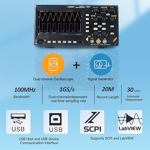 OWON Oscilloscope 100MHz Bandwidth, 2+1 Channel Digital Oscilloscope 3 in 1 Functions with 25MHz Function Generators with 7” LCD Display Support 30 Automatic Waveform Measurements OWON SDS210S