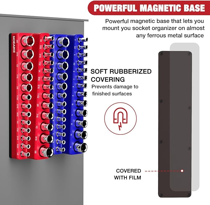 Socket Organizer Magnetic Socket Tray,NOEAIKE 6-Pack SAE & Metric 1/2,3/8,1/4 Inch Drive Socket Holder,Holds 141 Standard/Deep Sockets,Blue and Red Magnetic Socket Organizers(Sockets Not Included)