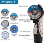 Cordless Brush Angle Grinder Kit, 19500rpm Mini Electric Angle Grinding Tool with 2pcs 16.8V 2000mAh Batteries and 5-Cutting Discs, Grinder Handheld Cutter for Metal Wood