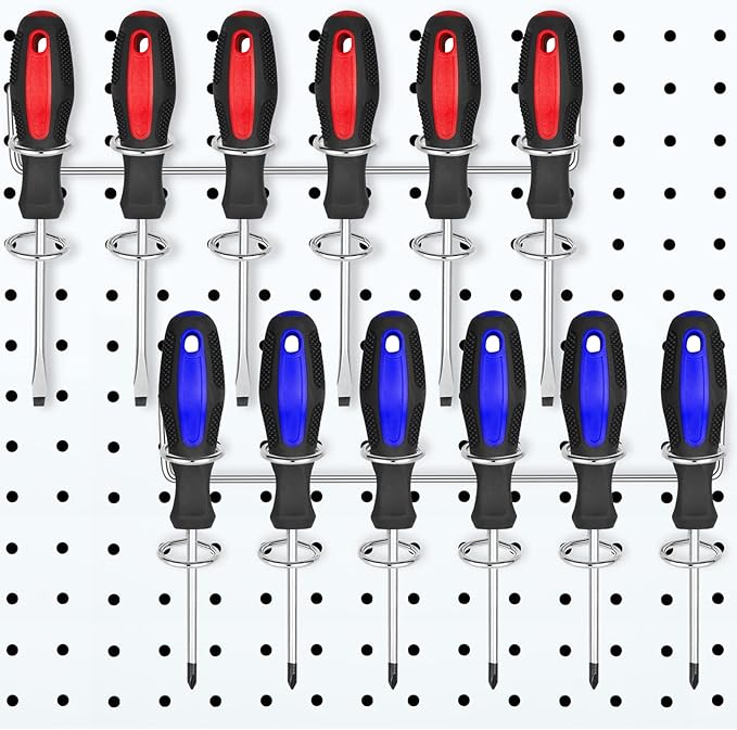 Ripeng Pegboard Screwdriver Holders Peg Board Organizer Accessories Multi Ring Tool Holders Six Tool Organizer Racks for Pegboard, Pliers(Silver,2 Pieces)