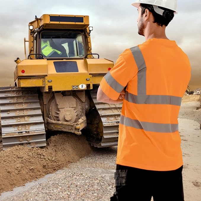 High Visibility Class 3 T Shirts，Hi Vis Safety Shirts with Reflective Strips and Pocket, Short Sleeve Quick Dry Mesh Construction Work Shirt for Men/Women Orange,XL