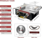 Mini Table Saw, 1.2x16.5in Multifunktional Small Table Saw With 10 Sanding Belts, 300W Dual Motor Control Belt Sander for Metal, Wood, Aluminum and Other Grinding and Cutting Tools