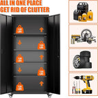 Metal Garage Storage Cabinet with Wheels, 73'' Steel Cabinets on Wheels for Office School Home Warehouse Utility Room Garage, Assembly Require,Black