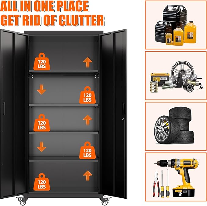 Metal Garage Storage Cabinet with Wheels, 73'' Steel Cabinets on Wheels for Office School Home Warehouse Utility Room Garage, Assembly Require,Black