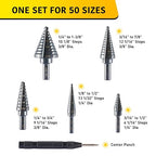 5-Piece M2 HSS Step Drill Bits Set, 1/8"-1-3/8" High-Speed Steel Unibit Kit with Storage Case, 50 Sizes Multi-Hole Precision Bits for Sheet Metal, Steel, Aluminum, Professional & Home Tool Set