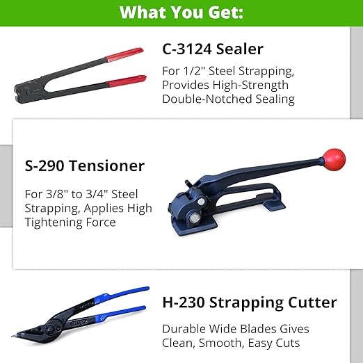 IDL Packaging - S-290, H-230, C-3124 Standard Strapping Tool Set for 1/2" Steel Strapping, 1100 lbs Break Strength – Tensioner, Sealer, Cutter for Metal Banding