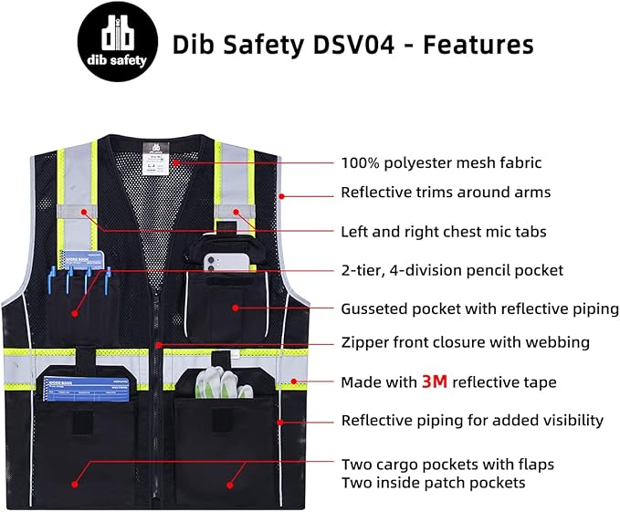 Dib Safety Vest Reflective Black Mesh, High Visibility Vest with Pockets and Zipper, Heavy Duty Vest Made with 3M Reflective Tape M