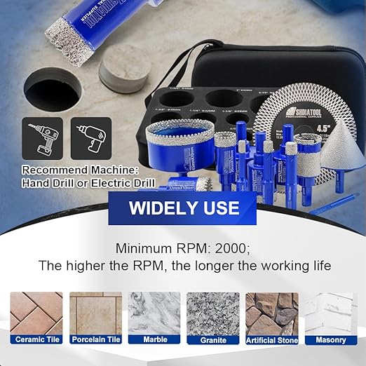 SHDIATOOL Diamond Drill Bits Kit - Core Bits Hole Saw Sets,Mould Guide for Drilling Porcelain Tile Marble Ceramic Granite with Hollow EVA Guide Jig 13pcs(6/8/10/20/28/32/35/45/65/25MM/2in+4.5in+6mm)