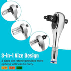 DURATECH Stubby Ratchet Set, 3-IN-1 Ratchet Handle, with 2 Extension Bars, 1/4", 3/8", 1/2" Drive Ratchet Wrench, 72-Tooth, Reversible Switch, Full-Polished Chrome Plating, Alloy Steel