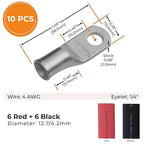 SELTERM 10pcs - 4 Awg - 1/4" Stud - Battery Lugs - Ring Terminal Connectors | with 12pcs 3:1 Black & Red Heat Shrink Tubing with Adhesive | Heavy Duty Battery Cable Ends - Tinned Copper Wire Lugs Kit