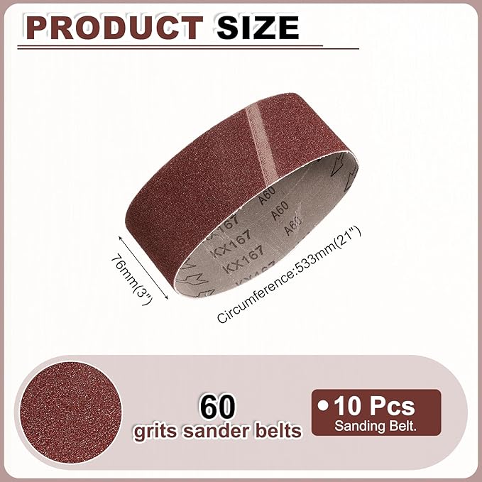 HARFINGTON 3 x 21 Inch Sanding Belts, 10 Pcs 60 Grits Aluminum Oxide Belt Sander Abrasive File Belt for Woodworking, Metal Polishing, Knife Sharpener