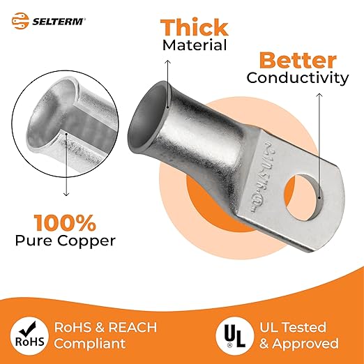 SELTERM 5pcs 1/0 AWG 5/16" Stud Tinned Copper Wire Lugs, Battery Lugs, Ring Terminals, Battery Cable Ends, 0 Gauge Ring Terminal Connectors, UL Marine Grade Electrical Battery Terminal Connectors