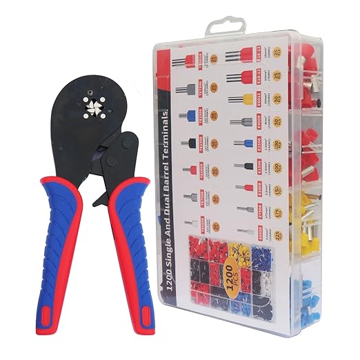 Fidioto 1200pcs Dual Barrel Ferrules Terminal Set with Ferrule Crimping Tool Kit,16-4 Crimping Plier AWG 28-5(0.08-16mm²) Self-Adjustable Ratchet Wire Crimping Tool for Wire Terminals Cables etc.
