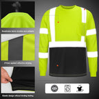 High Visibility Class 3 T Shirts，Hi Vis Safety Shirts with Reflective Strips and Pocket, Long Sleeve Quick Dry Mesh Construction Work Shirt for Men/Women Black Bottom Lime，6XL