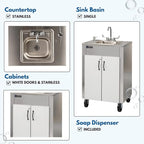 Ozark River Portable Sinks Elite LS1, Free Standing Portable Concession Sink, Commercial Restaurant Portable Sink with Hot Water, Stainless Food Service Sink, White Doors-White Edges