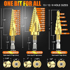 M2 Step Drill Bit Set 3/16"-1/2",1/4" Hex Shank Unibit Step Drill bit,Spiral Grooved for Faster Drilling, Step Bits for Stainless Steel, Wood, Aluminum, Plastic, 6 Step Sizes Taper Drill bit Set