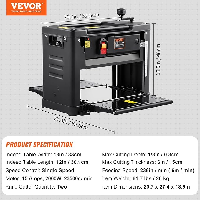 VEVOR Thickness Planer, Two-Blade, 13" Width Worktable Benchtop Planer, 15-Amp 1800W Powerful Motor, 12" Extended Infeeding Table, Low Noise for both hard & soft wood material removal