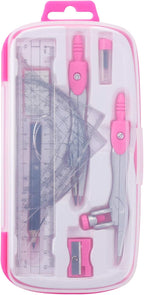 Math Geometry Kit Sets 10 Piece Student Supplies with Shatterproof Storage Box,Includes Rulers,Protractor,Compass,Eraser,Pencil Sharpener,Lead Refills,Pencil,for Drafting and Drawings（Pink）