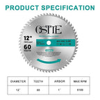 12-Inch Miter Saw Blades 60-Tooth, Woodworking Saw Blades for Table Saw, Circular Saw Blade, 1 Inch Arbor, 1 Pack