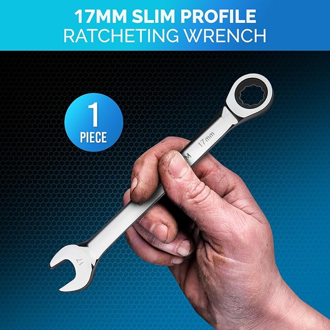 TOOLGUARDS 17mm Wrench - Ratcheting Wrench - Slim Profile - Ratchet Wrench - 100% Lifetime Satisfaction Guarantee