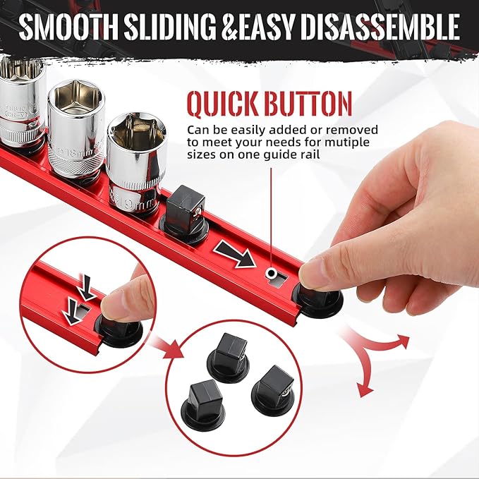Magnetic Socket Organizer, 3-Piece Heavty Duty Aluminum Socket Holder, Socket Rail for Tool Box, Premium Quality 360° Swivel Socket Rack Kit with 40 Clips for 1/2, 3/8, 1/4-Inch(Red)