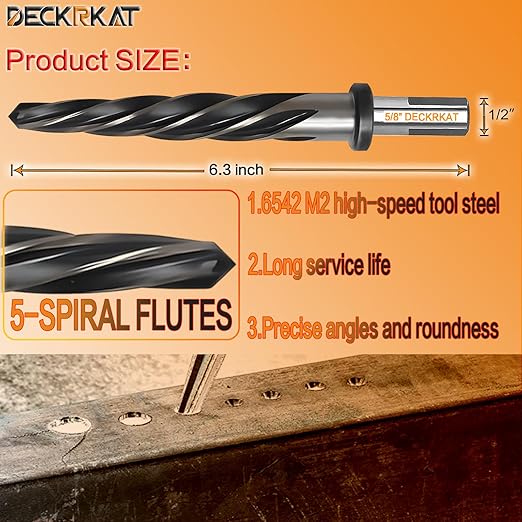 5/8" Reamer Drill Bit for Metal, M2 HSS Taper Reamer for Steel, Alloy, Wood, Plastic to Align, Enlarge Holes – 5-Spiral Flutes, 1/2" Non-Slip Shank, 16mm Car Reamer, Bridge Construction Reamer.
