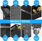 Metal Garage Storage Cabinet with Wheels and Pegboard, 35.4" H Lockable Tool Storage Cabinet with One Drawer, Adjustable Shelf and 4 Hooks for Garage, Warehouse, Black
