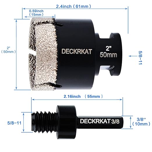 Diamond Hole Saw, 2" Hole Saw for Tiles Granite Marble Ceramic Glass Porcelain, 50mm Core Drill Bit with 5/8-11 Thread and 3/8” Hex Shank Adapter for Angle Grinders & Drills