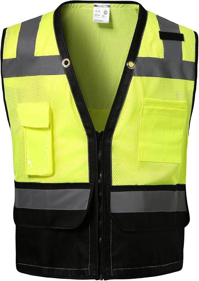 Reflective Safety vest With back plan pocket,High visibility Class 2 Heavy Duty Surveyor Vest with Zipper,Hi Vis Construction Work Vest for Men＆Women ANSI/ISEA(Yellow-Bottom,3XL)