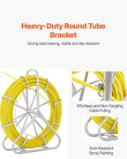 VEVOR Fiberglass Fish Tape 656 FT x 1/4 inch, Fish Tape Duct Rodder Puller with Durable Steel Stand, Non-Conductive Fishtape Wire Cable Running Rod for Walls, Floor and Electrical Conduit