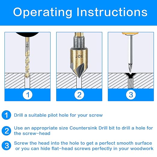 Countersink Drill Bit Set, 5 Pieces High Speed Steel 82 Degree 5 Flute 6mm Round Shank Mill Cutter Bit Countersink in Sizes 5/8" Set with Carrying Case.
