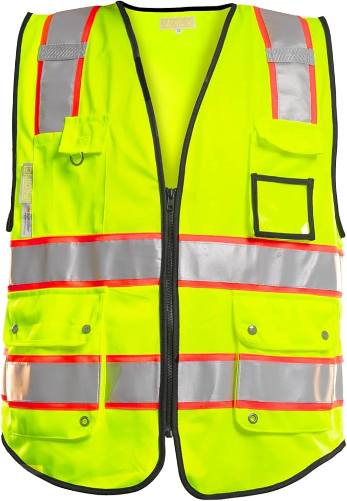 PACIFIC 10 Pockets Class 2 Safety Vest for Men, 3M High Visibility Reflective Strips, Meets ANSI/ISEA Standard, Yellow, XX-Large