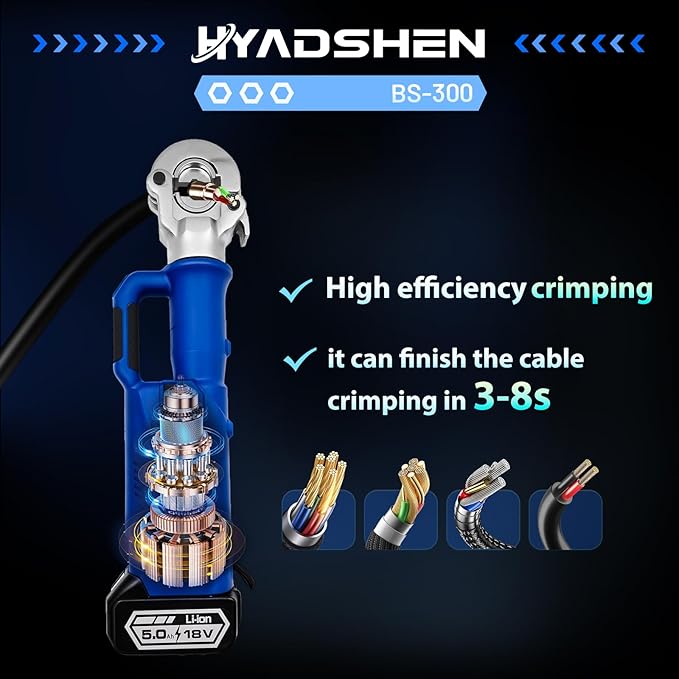 Electric Hydraulic Cable Lug Crimper Pliers,Rechargeable Crimping Tool,Straight-handled electric hydraulic pliers,6 Ton Electrical Terminal Cable Wire Fiber Crimper Kit with 11 Dies, 6 AWG to 600 MCM