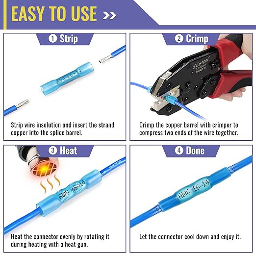 800PCS Blue Heat Shrink Butt Connectors AWG16-14, Plustool Marine Grade Electrical Wire Connectors, Tinned Red Copper 0.8mm, Insulated Waterproof Crimp Terminals Butt Splice for Cable,Boat,Wiring