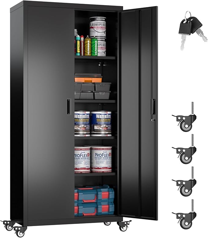 Metal Garage Storage Cabinet with Wheels, 73'' Steel Cabinets on Wheels for Office School Home Warehouse Utility Room Garage, Assembly Require,Black