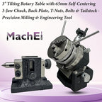 MachEl 3" Tilting Rotary Table with 65mm Self-Centering 3-Jaw Chuck, Back Plate, T-Nuts, Bolts & Tailstock - Precision Milling & Engineering Tool