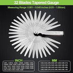 Spurtar Feeler Gauges 0.001-0.04" (0.03-1.00mm) 32 Blades Tapered Feeler Gauge Set Stainless Steel Dual Marked SAE and Metric for Measuring Gap Thickness or Width for Spark Plug, Valve, Piston, Guitar