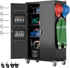 Metal Storage Cabinets on Wheels, 72.05" Steel Lockable Tool Cabinet with Shelves Pegboards Hooks for Home Office School Garage Warehouse Utility Room, Assembly Require, Black