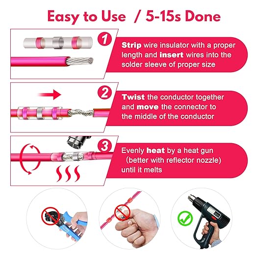 Kuject 350PCS Solder Seal Wire Connectors AWG 22-18, Red Solder Seal Heat Shrink Butt Connectors Terminals Sleeve Waterproof Wire Splice Connector for Marine Automotive Boat Wire Joint