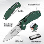FLISSA Folding Utility Knife, 3-in-1 EDC Knife with Drop Point, Gut Hook & Replaceable Blades, Quick Change, Liner Lock, G10 Handle, Belt Clip for Outdoor & Everyday Use, Includes 16 Blades