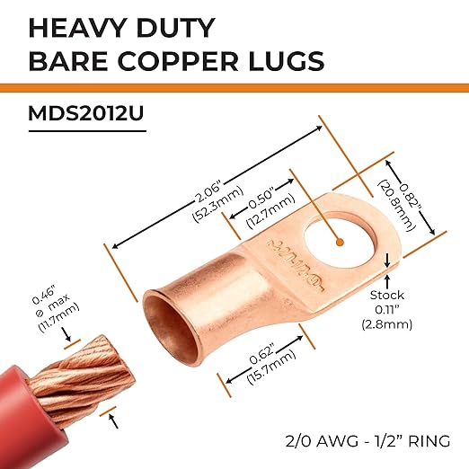 SELTERM 10pcs 2/0 AWG - 1/2" Stud - Battery Lugs, Heavy Duty Wire Lugs, Ring Terminals, Battery Cable Ends,00 Gauge Terminals, UL Bare Copper Eyelets Electrical Battery Terminal Connectors