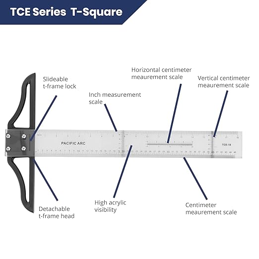 Pacific Arc 18 Inch T Square, Traditional Acrylic Graduated in Inch and Metric, Detachable Head