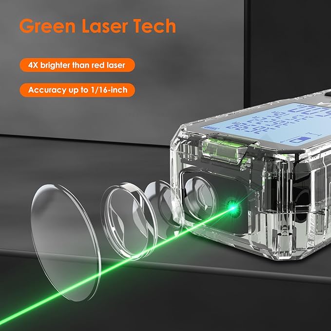 Laser Measure, 50M/165ft Digital Laser Distance Meter, ±2mm Accuracy Laser Measuring Tool, Tape Measure with Backlit LCD, Measuring Distance,Area,Volume,Pythagorean Mode for Indoor/Outdoor Use(Green)